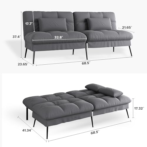 Grey Convertible Futon Sofa Bed with Adjustable Backrest