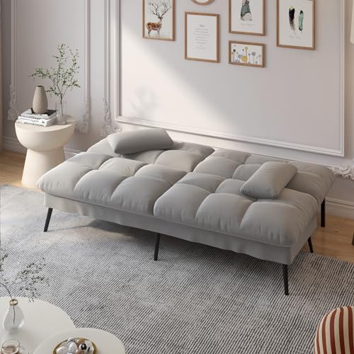 Grey Convertible Futon Sofa Bed with Adjustable Backrest
