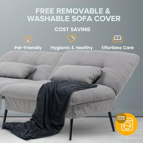 Grey Convertible Futon Sofa Bed with Adjustable Backrest