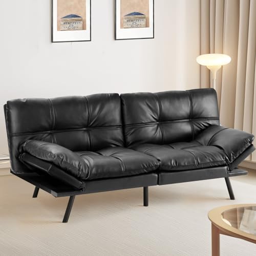 OLIXIS Black Faux Leather Convertible Sofa Bed