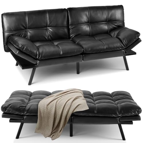 OLIXIS Black Faux Leather Convertible Sofa Bed