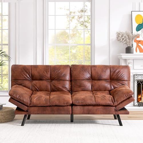 Modern Convertible Futon Sofa Bed in Medium Brown
