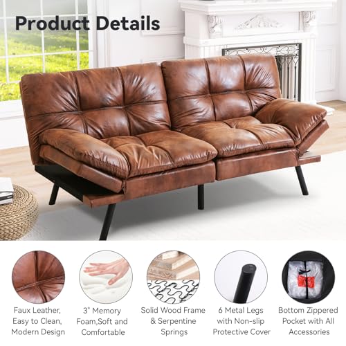 Modern Convertible Futon Sofa Bed in Medium Brown