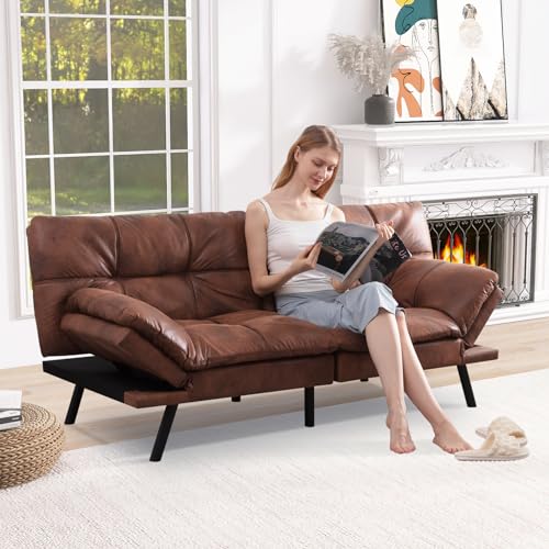 Modern Convertible Futon Sofa Bed in Medium Brown