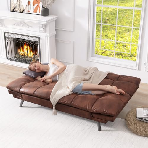 Modern Convertible Futon Sofa Bed in Medium Brown