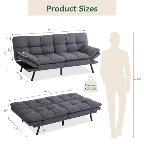Convertible Memory Foam Futon Sofa Bed - Grey
