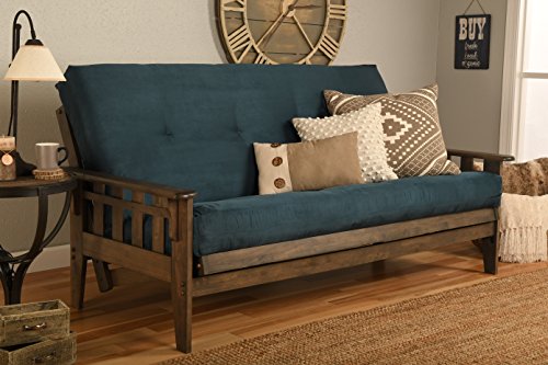 Rustic Walnut Frame Full-Size Blue Futon Sofa