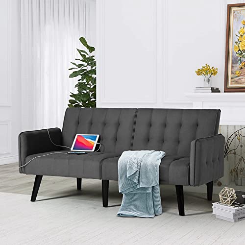 Modern Convertible Futon Sofa Bed with USB Ports