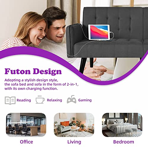 Modern Convertible Futon Sofa Bed with USB Ports