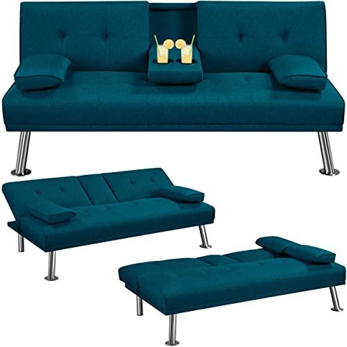 Aqua Blue Modern Sofa Bed with Cup Holders