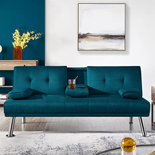 Aqua Blue Modern Sofa Bed with Cup Holders