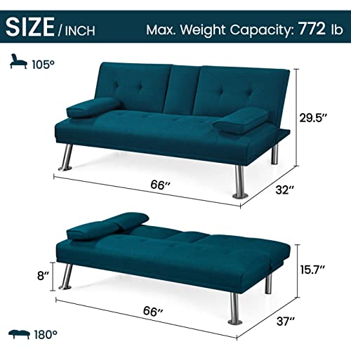 Aqua Blue Modern Sofa Bed with Cup Holders