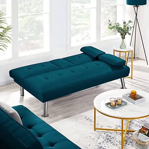 Aqua Blue Modern Sofa Bed with Cup Holders