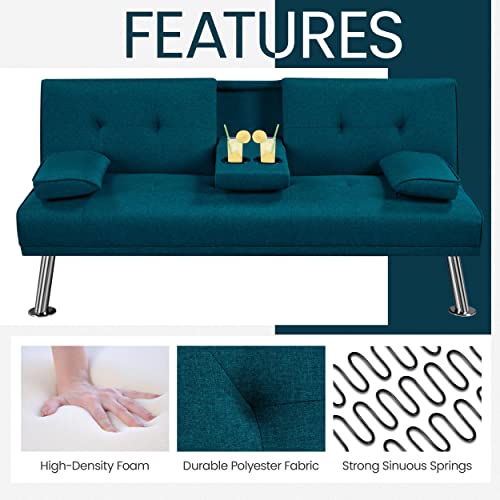 Aqua Blue Modern Sofa Bed with Cup Holders