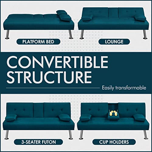 Aqua Blue Modern Sofa Bed with Cup Holders