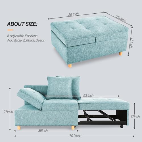 Modern Blue Sleeper Sofa with Convertible Ottoman