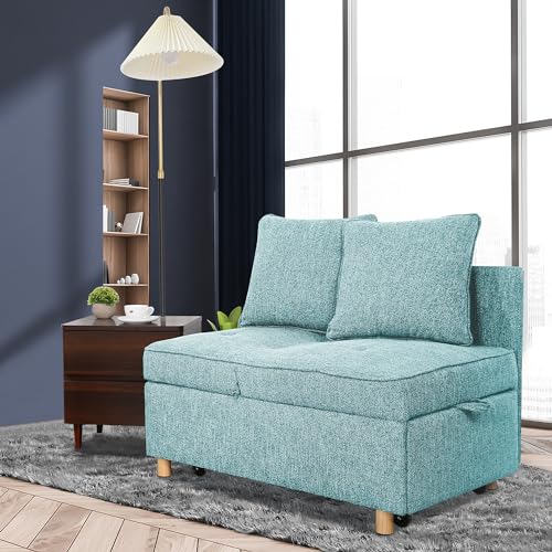 Modern Blue Sleeper Sofa with Convertible Ottoman