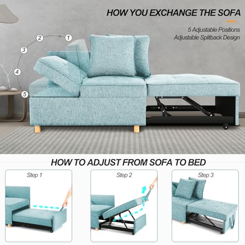 Modern Blue Sleeper Sofa with Convertible Ottoman