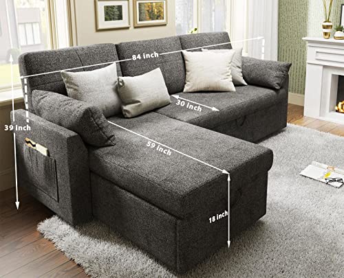 VanAcc Grey Linen Sleeper Sofa with Storage Chaise