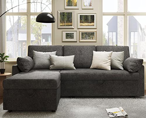 VanAcc Grey Linen Sleeper Sofa with Storage Chaise