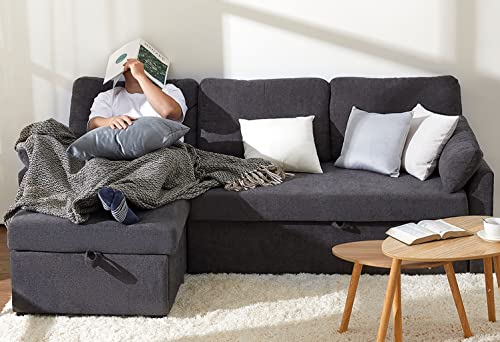 VanAcc Grey Linen Sleeper Sofa with Storage Chaise