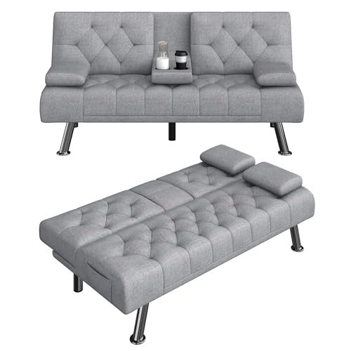 Modern Convertible Futon Sofa Bed with Cupholders