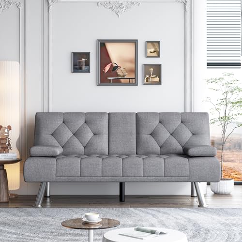 Modern Convertible Futon Sofa Bed with Cupholders