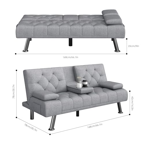 Modern Convertible Futon Sofa Bed with Cupholders
