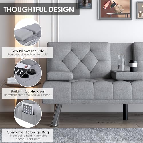 Modern Convertible Futon Sofa Bed with Cupholders
