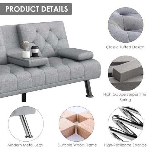 Modern Convertible Futon Sofa Bed with Cupholders