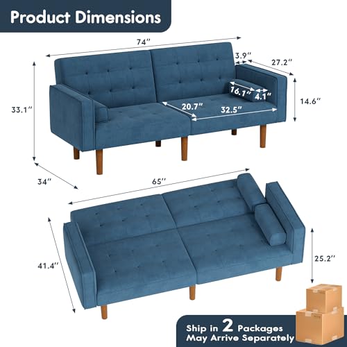 Convertible Futon Sectional Sleeper Couch, Sea Blue, Small