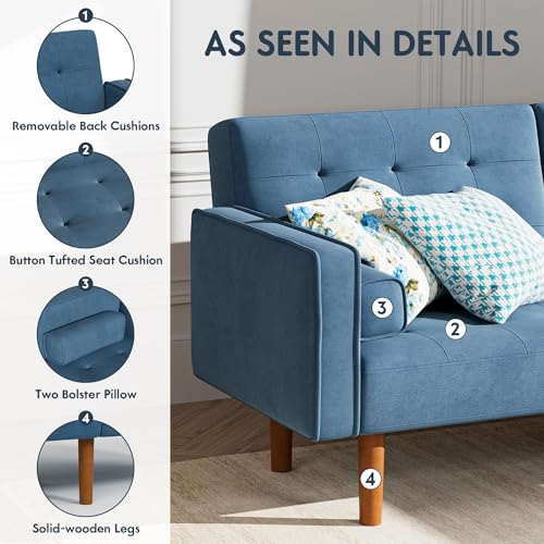Convertible Futon Sectional Sleeper Couch, Sea Blue, Small