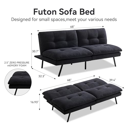 Compact Memory Foam Futon Sofa Bed - Black