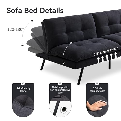 Compact Memory Foam Futon Sofa Bed - Black