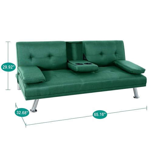 Naomi Home Green Futon Sofa Bed with Cupholders