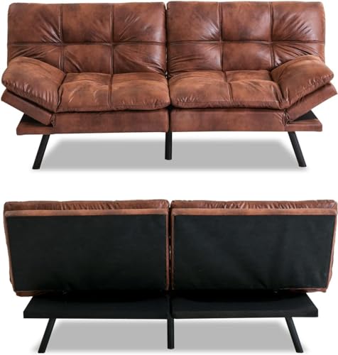 Brown Leather Convertible Futon Sofa Bed