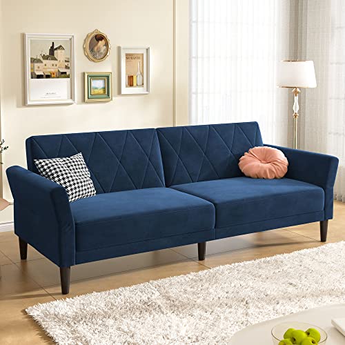 Blue Velvet Futon Sofa Bed with Adjustable Armrests
