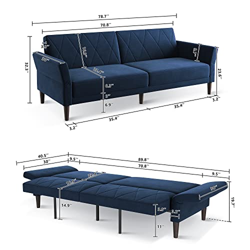 Blue Velvet Futon Sofa Bed with Adjustable Armrests