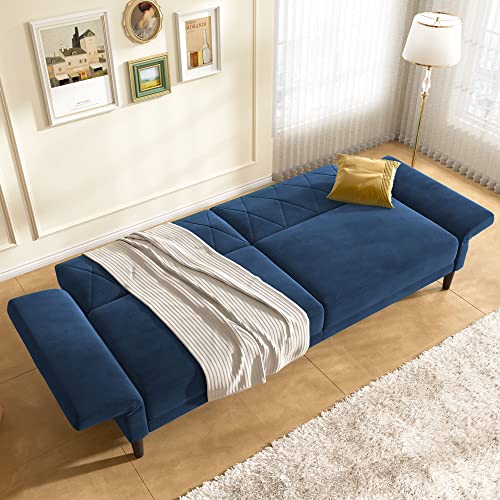 Blue Velvet Futon Sofa Bed with Adjustable Armrests