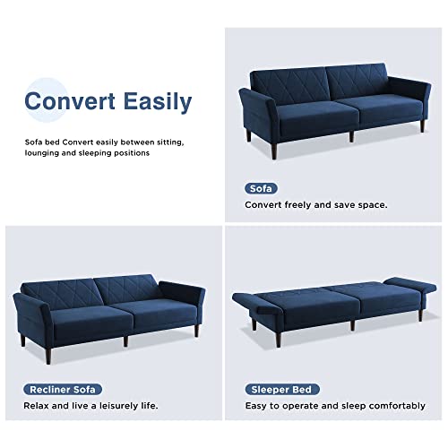 Blue Velvet Futon Sofa Bed with Adjustable Armrests