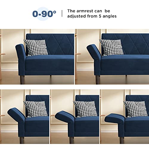 Blue Velvet Futon Sofa Bed with Adjustable Armrests