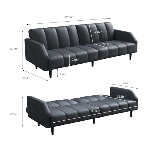 Modern 2-Seater Gray Faux Leather Sofa Bed
