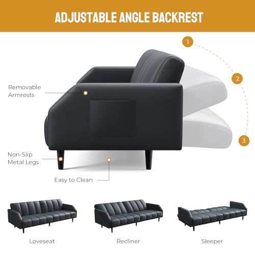 Modern 2-Seater Gray Faux Leather Sofa Bed