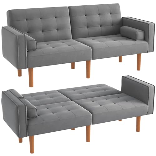 Modern Grey Convertible Futon Sofa with Pillows