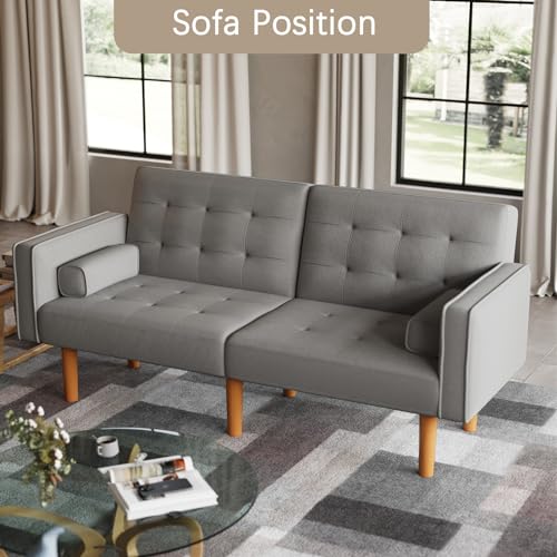 Modern Grey Convertible Futon Sofa with Pillows