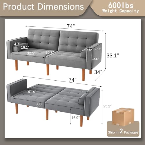 Modern Grey Convertible Futon Sofa with Pillows