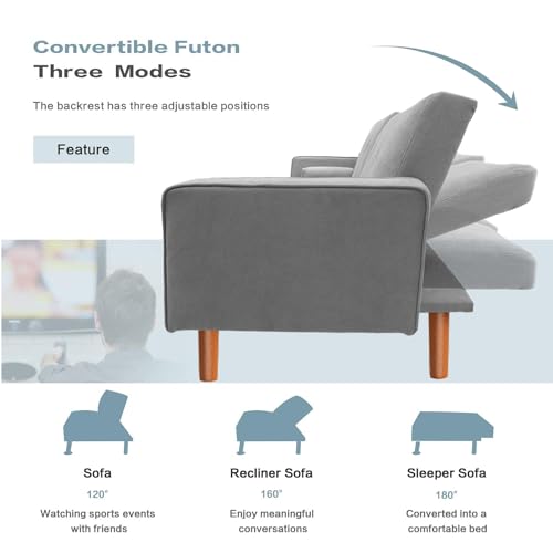Modern Grey Convertible Futon Sofa with Pillows