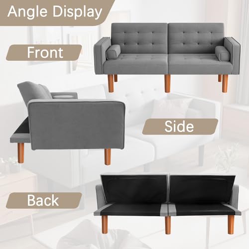 Modern Grey Convertible Futon Sofa with Pillows