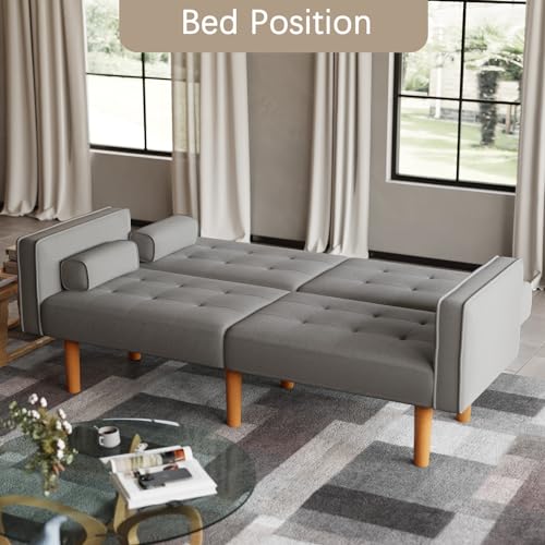 Modern Grey Convertible Futon Sofa with Pillows