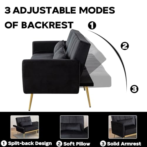 Velvet 70'' Convertible Futon Sofa Bed - Black